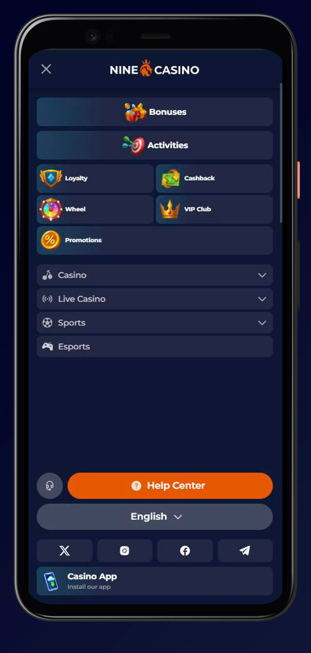menu aplikace na ninecasino