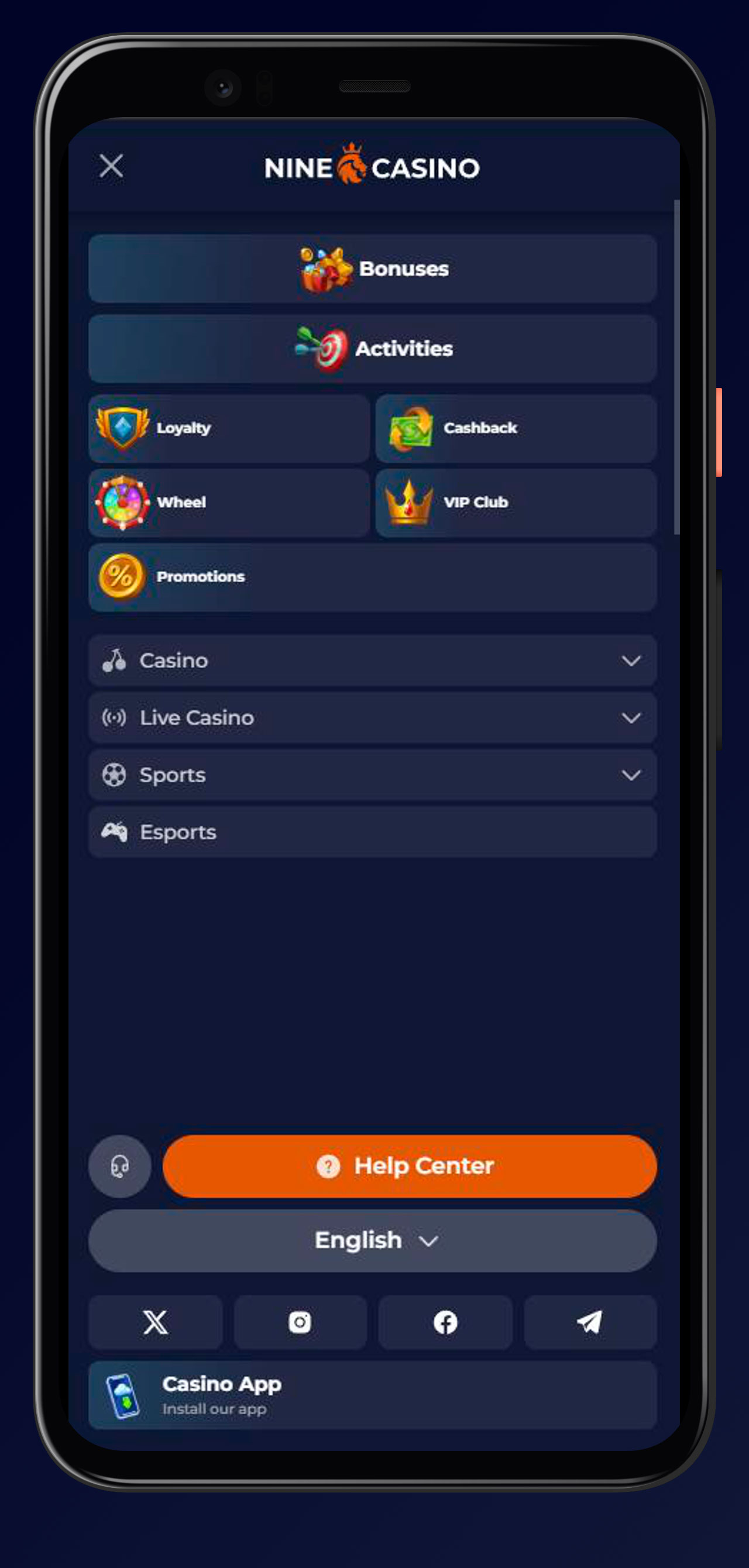 app menu at ninecasino